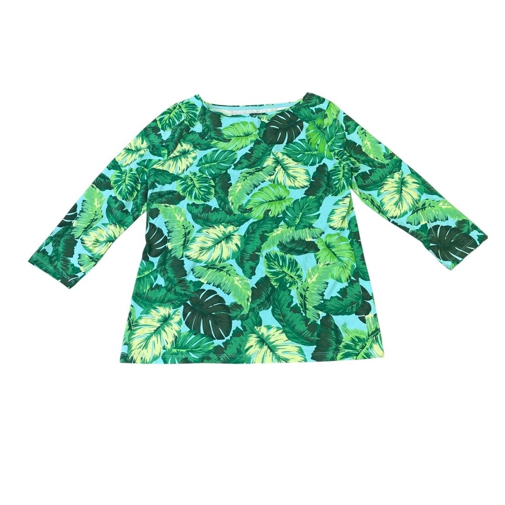 Talbots Tee Womens Medium Blue Green Tropical Palm Leaf Boatneck 3/4 Sleeve Top